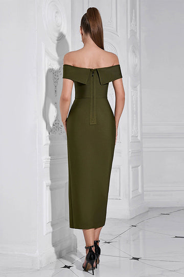 Army Green Slire Off the Shoulder Tea Length Ballkjole med Splitt